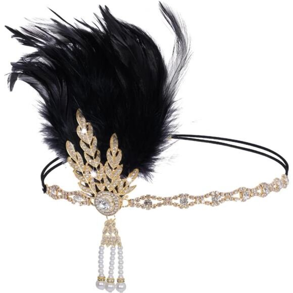 Accessories - Flapper Feather Headband Roaring 20s Black Gold